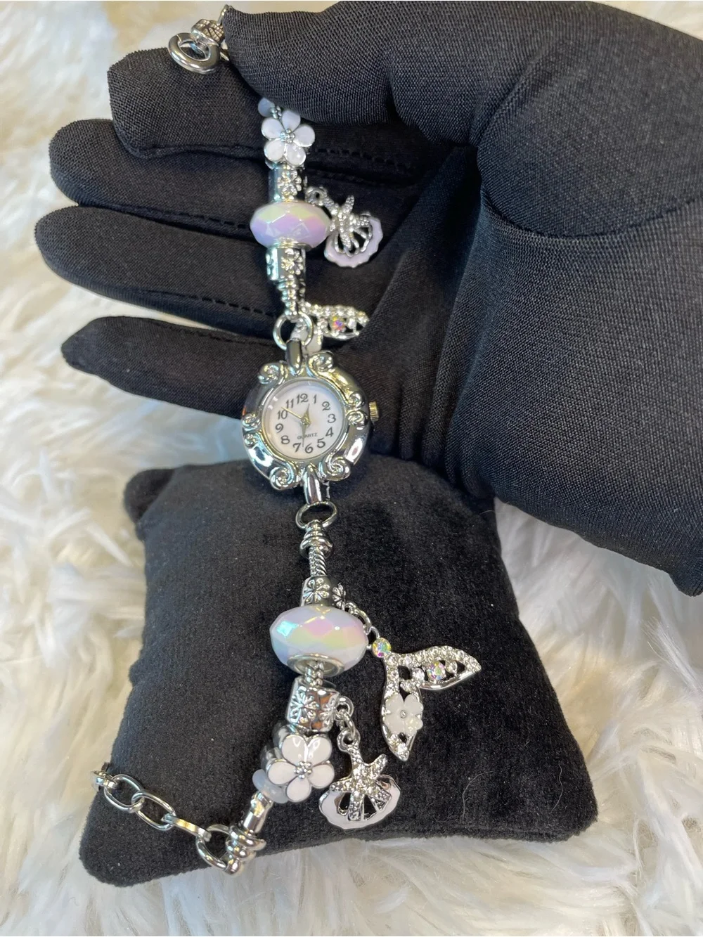 Silver-Tone Iridescent Mermaid Charm Bracelet Watch